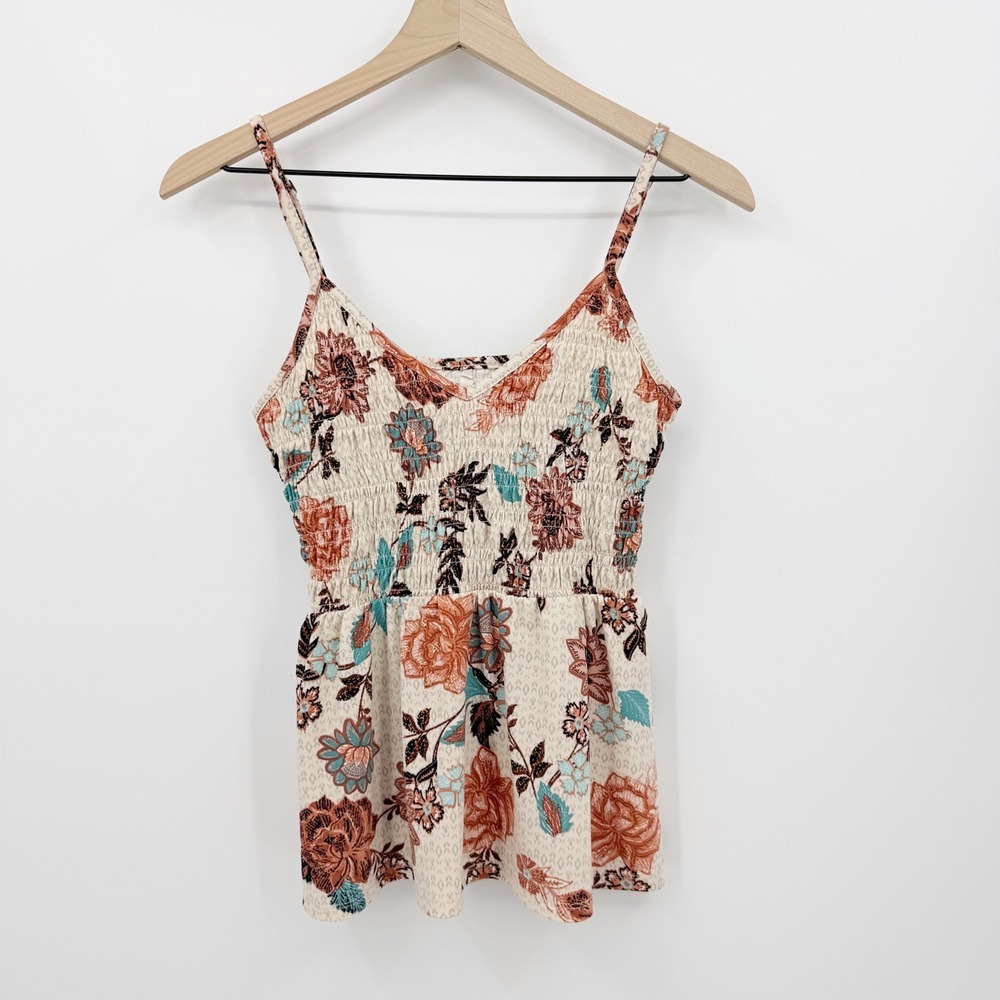 Maurice Floral Smocked Cami Top Boho Peplum M Spaghetti Strap Feminine Summer